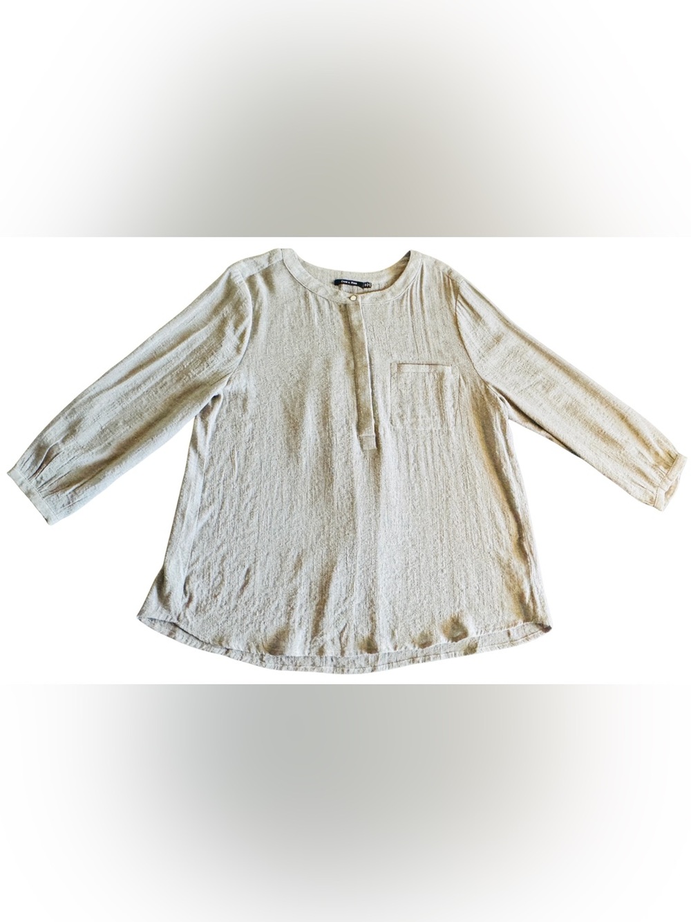 Doe & Rae Linen Blend Blouse Medium Beige Band Collar 3/4 Sleeve‎ Popover Shirt